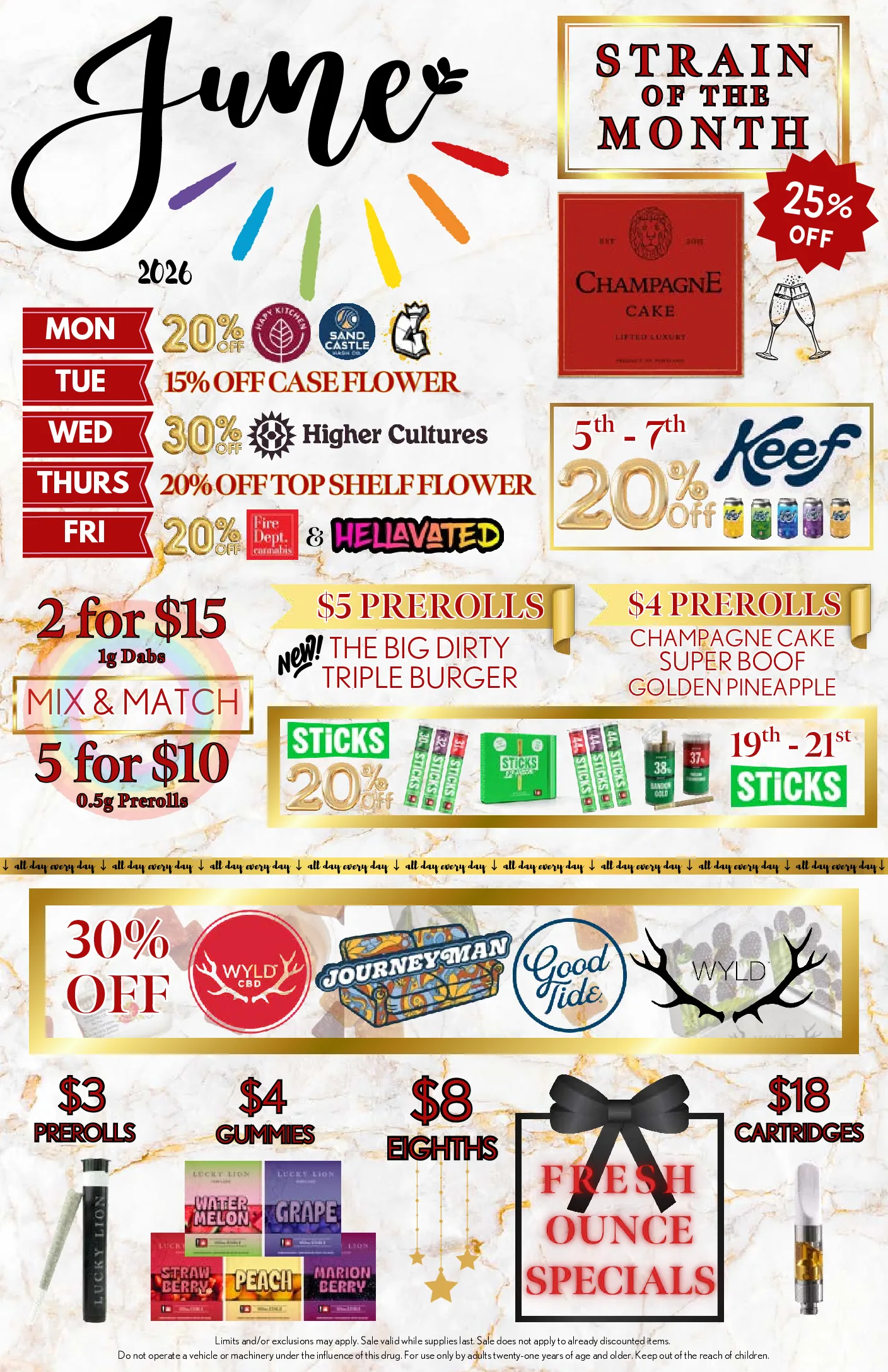 August 2025 promotional flyer featuring weekly cannabis product discounts and specials. Includes deals such as $3 joints, $4 gummies, $8 dabs fresh ounce specials daily. Weekly discounts: Monday 30% off Rogue River Family Farms, Tuesday 15% off Case Flower, Wednesday 30% off Mule Extracts, Thursday 20% off top shelf flower, Friday 20% off Fire Dept. Cannabis and Hellavated products. 30% off WYLD products every weekend. $18 cartridges from Sensible, BBrand, Rogue River Family Farms, Lucky Lion. $4 Swiss Watch prerolls, $5 Super Boof! prerolls, $5 Kush Mints prerolls. 20% off Golden Pineapple strain of the month. $7 Lucky Lion blunts. Sale conditions and age restrictions noted at the bottom.